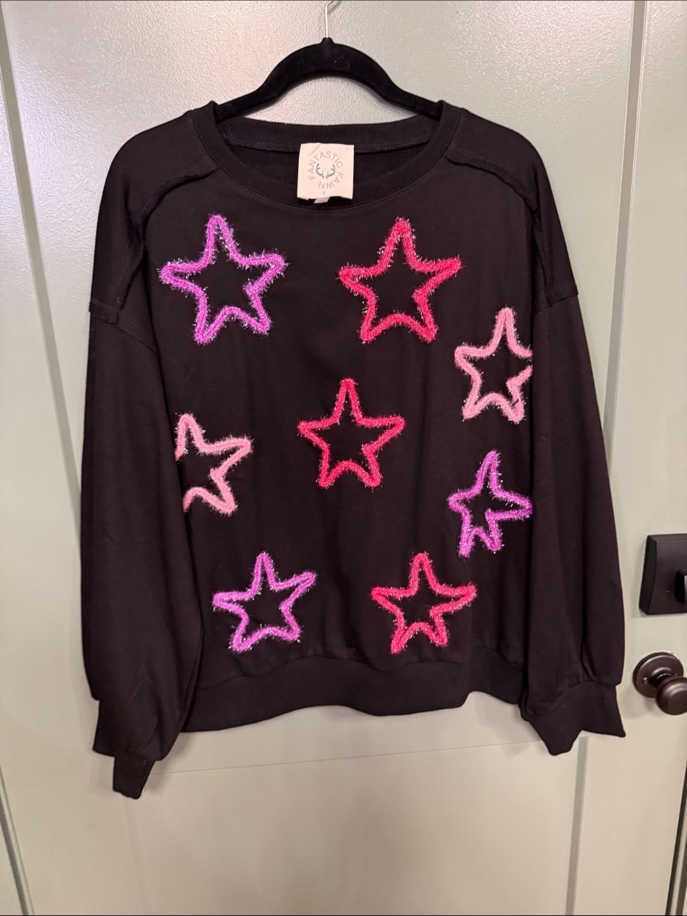 Fantastic Fawn Black Sweatshirt with Pink Fuzzy Trim